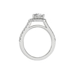 This white gold Pear Diamond Halo Engagement Ring is made with a pear solitaire diamond set in a four-prong setting, surrounded by a halo of round diamonds all set on a pave band in through finger view