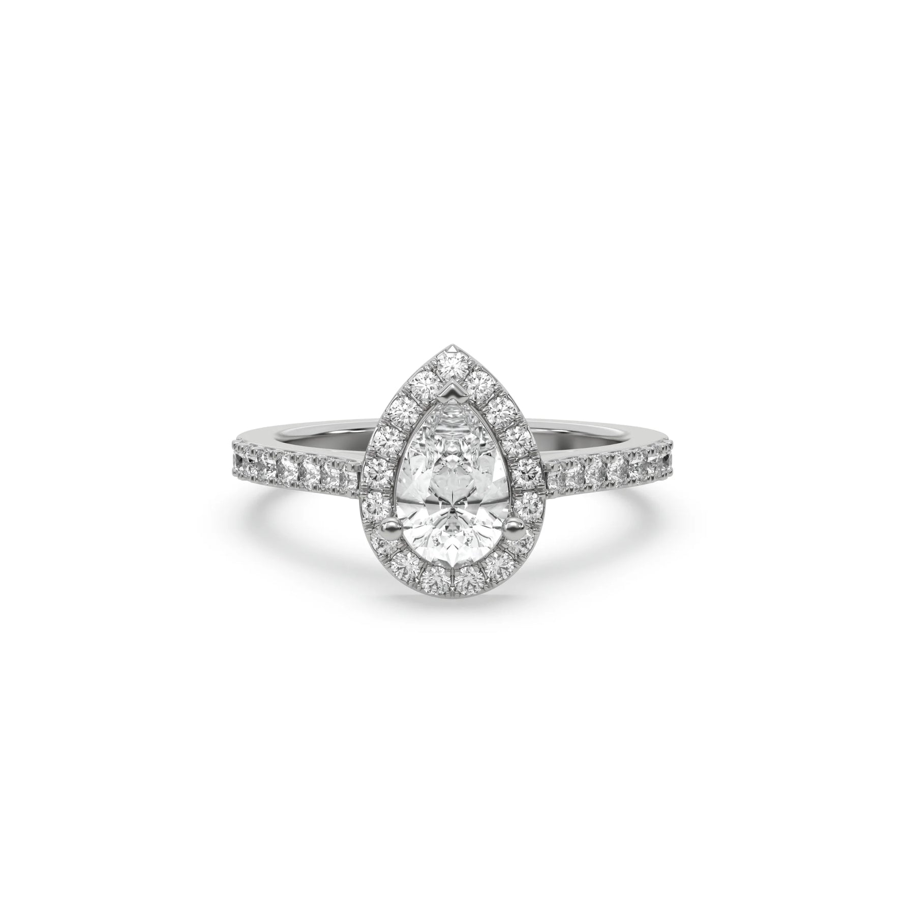 This white gold ring displayed in front view is made with a pear solitaire diamond set in four-prong setting