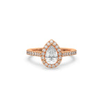 This rose gold ring displayed in front view is made with a pear solitaire diamond set in four-prong setting