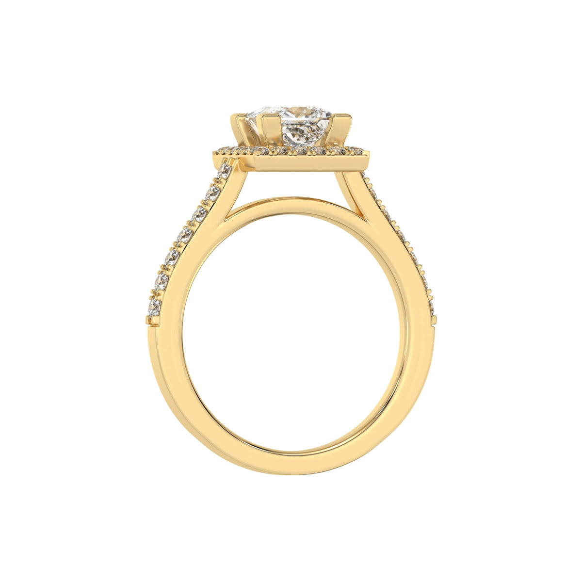 This yellow gold Princess Diamond Halo Engagement Ring is made with a princess solitaire diamond set in a four-prong setting, surrounded by a halo of round diamonds all set on a pave band in through finger view