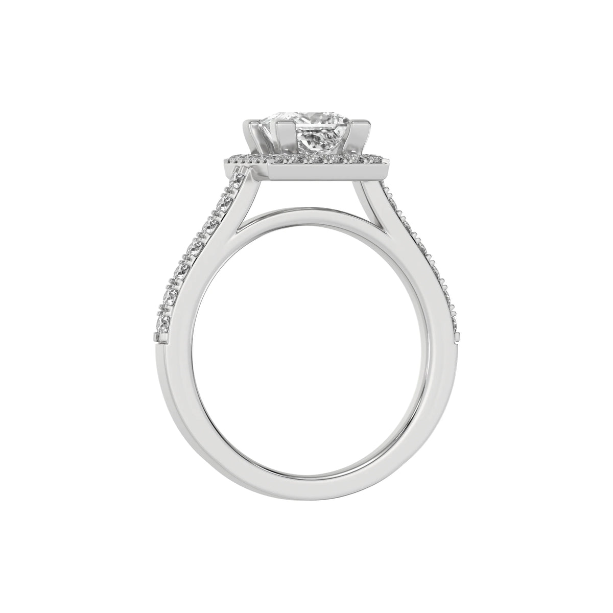 This white gold Princess Diamond Halo Engagement Ring is made with a princess solitaire diamond set in a four-prong setting, surrounded by a halo of round diamonds all set on a pave band in through finger view