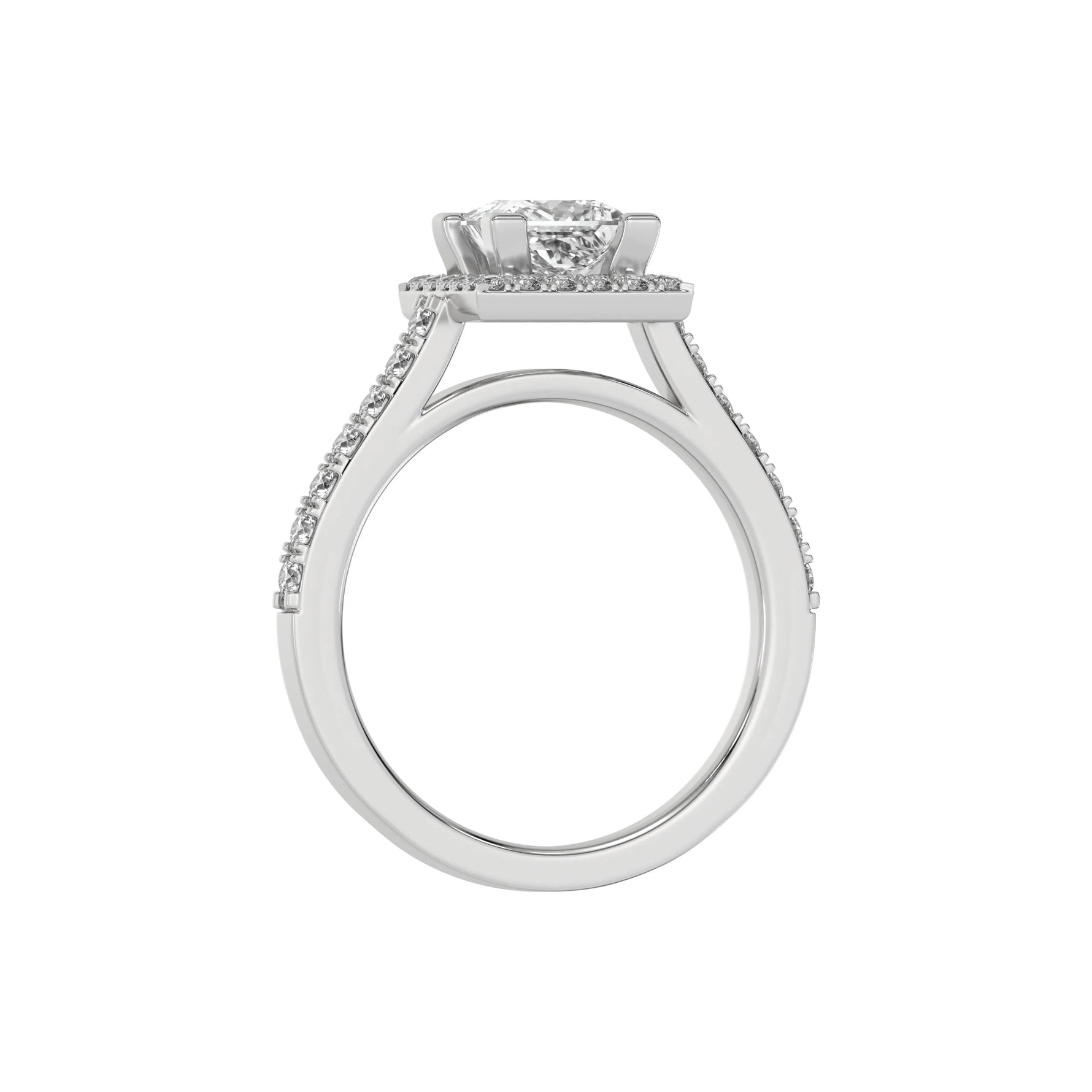 This white gold Princess Diamond Halo Engagement Ring is made with a princess solitaire diamond set in a four-prong setting, surrounded by a halo of round diamonds all set on a pave band in through finger view