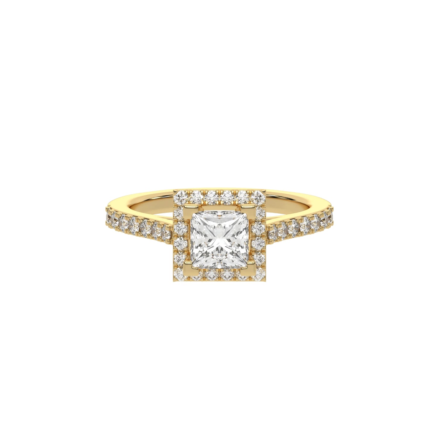 Front view of a yellow gold princess-cut diamond engagement ring with a sparkling square halo and pave set diamond band