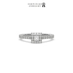 This white gold ring displayed in front view is made with a princess solitaire diamond set in four-prong setting