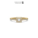 This yellow gold ring displayed in front view is made with a princess solitaire diamond set in four-prong setting