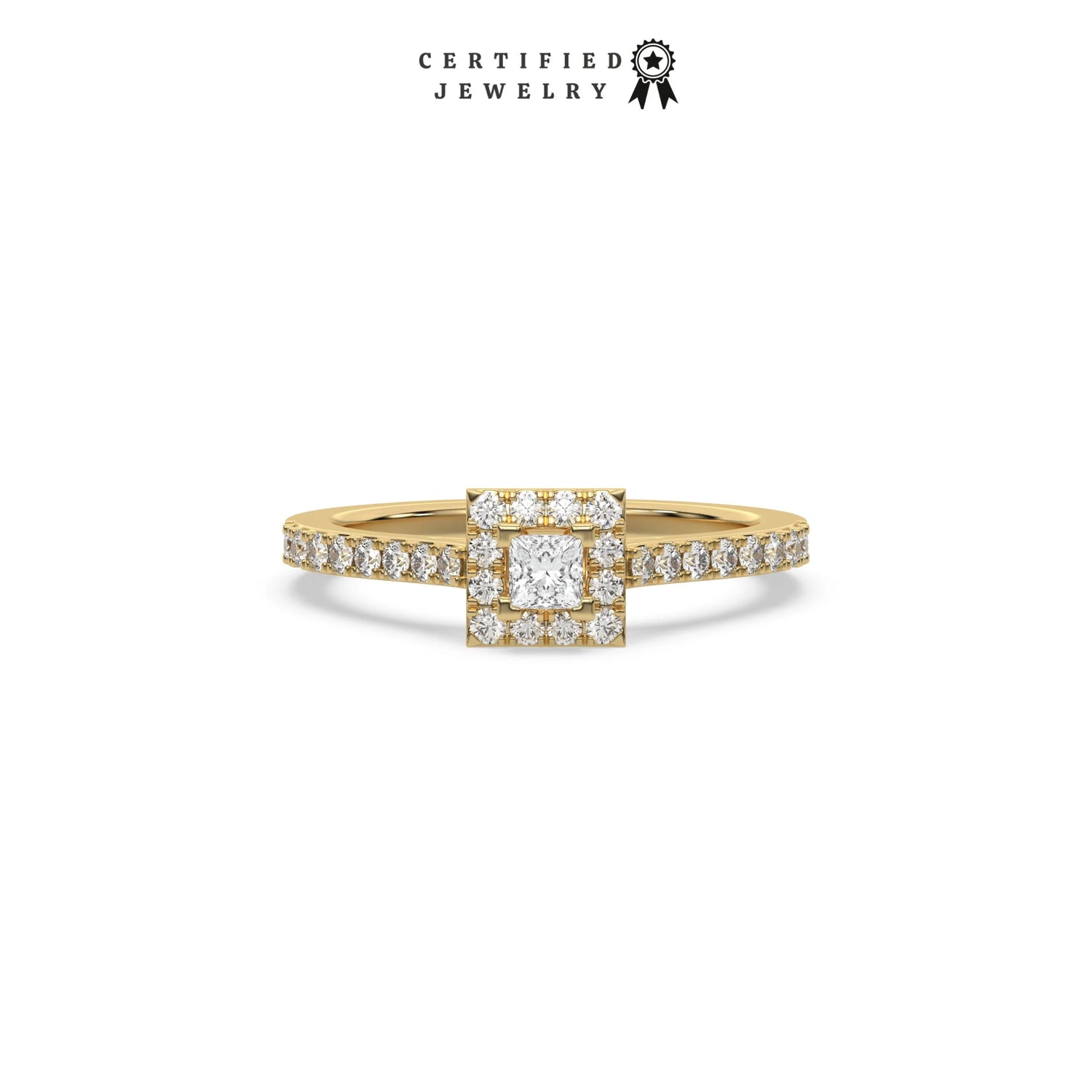 This yellow gold ring displayed in front view is made with a princess solitaire diamond set in four-prong setting