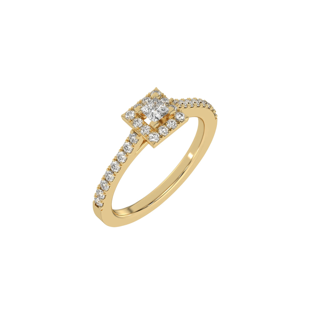 This yellow gold Princess Diamond Halo Engagement Ring is made with a princess solitaire diamond set in a four-prong setting, surrounded by a halo of round diamonds all set on a pave band in 3D view