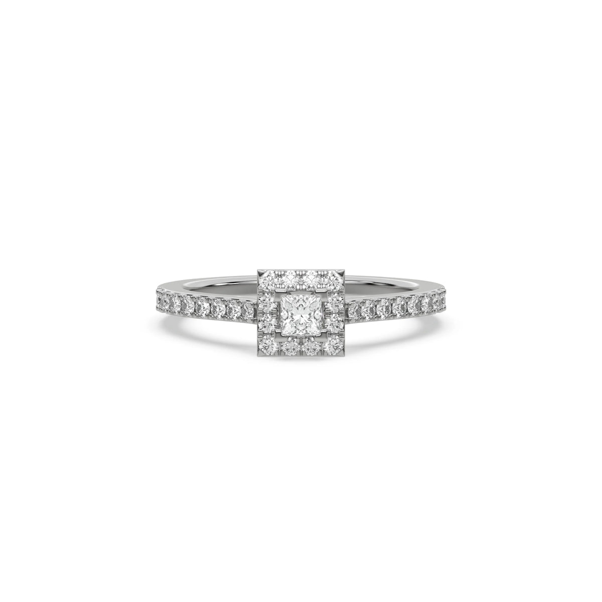 This white gold ring displayed in front view is made with a princess solitaire diamond set in four-prong setting