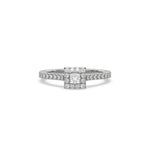 This white gold ring displayed in front view is made with a princess solitaire diamond set in four-prong setting