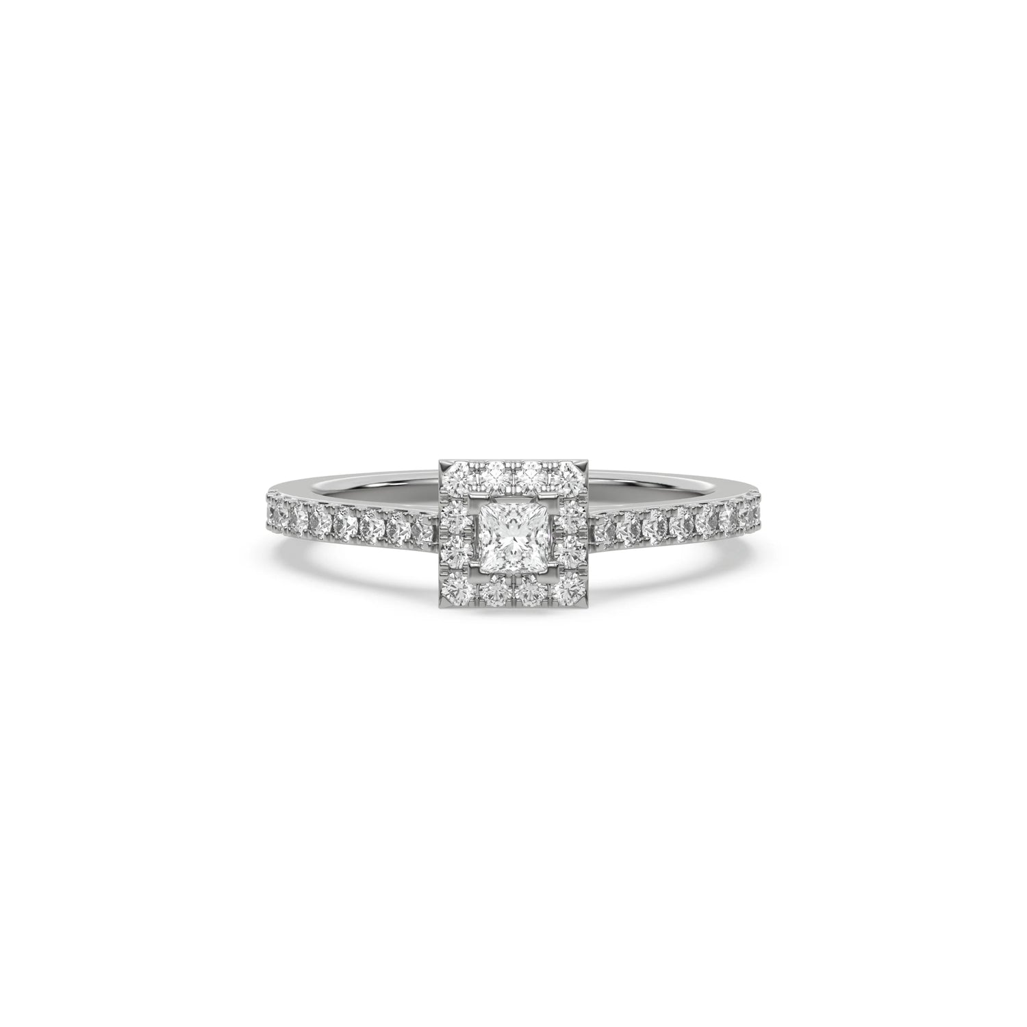 This white gold ring displayed in front view is made with a princess solitaire diamond set in four-prong setting