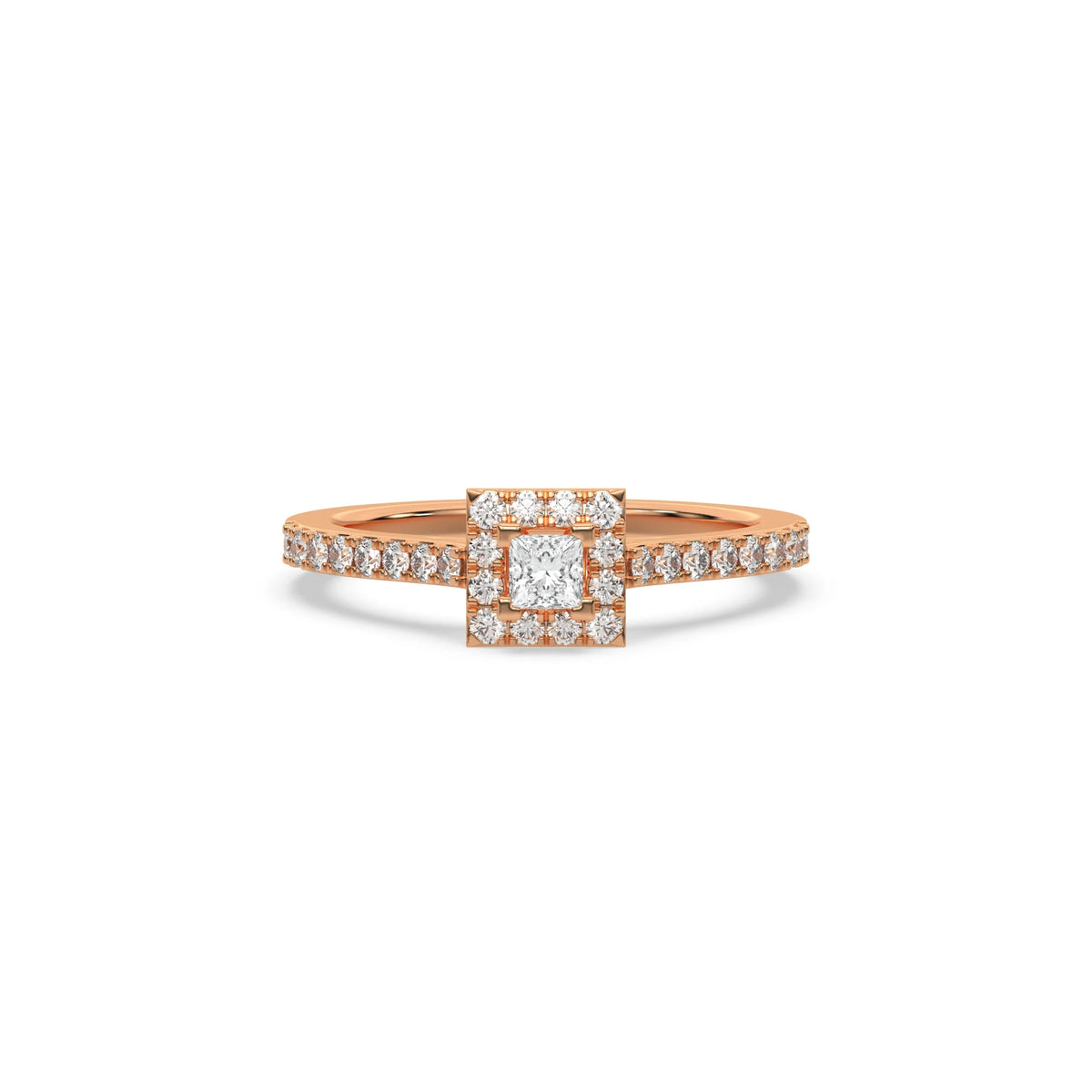 This rose gold ring displayed in front view is made with a princess solitaire diamond set in four-prong setting