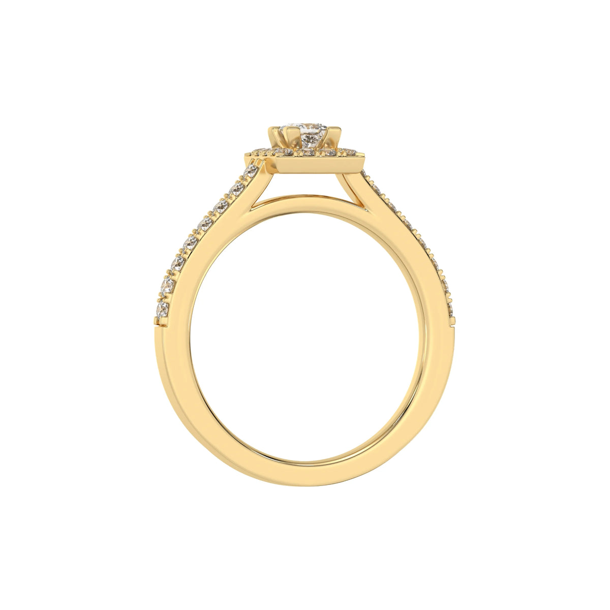 This yellow gold Princess Diamond Halo Engagement Ring is made with a princess solitaire diamond set in a four-prong setting, surrounded by a halo of round diamonds all set on a pave band in through finger view