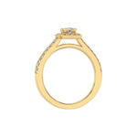 This yellow gold Princess Diamond Halo Engagement Ring is made with a princess solitaire diamond set in a four-prong setting, surrounded by a halo of round diamonds all set on a pave band in through finger view