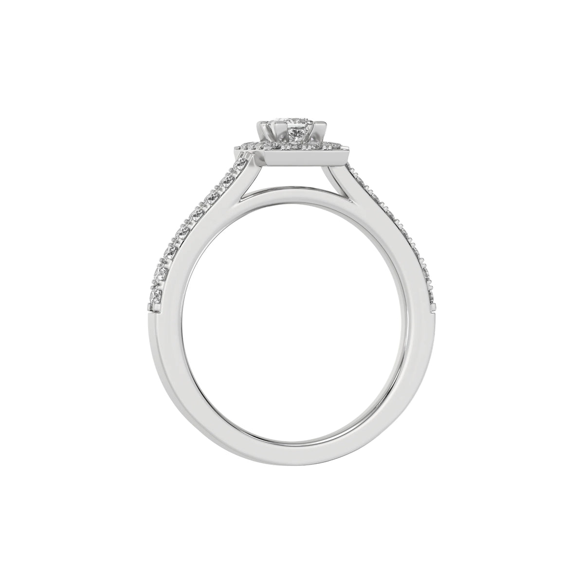 This white gold Princess Diamond Halo Engagement Ring is made with a princess solitaire diamond set in a four-prong setting, surrounded by a halo of round diamonds all set on a pave band in through finger view