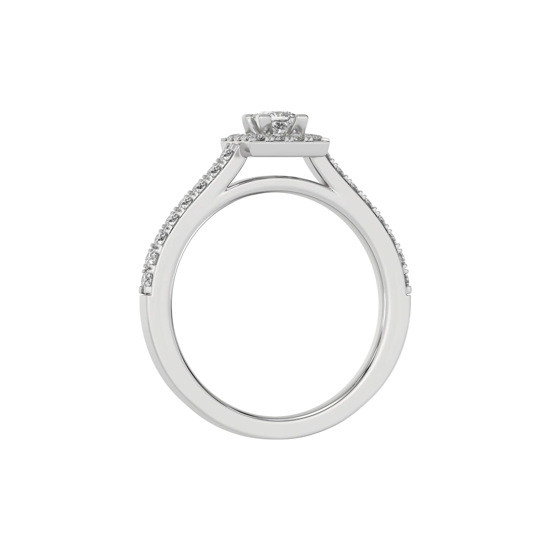 This white gold Princess Diamond Halo Engagement Ring is made with a princess solitaire diamond set in a four-prong setting, surrounded by a halo of round diamonds all set on a pave band in through finger view