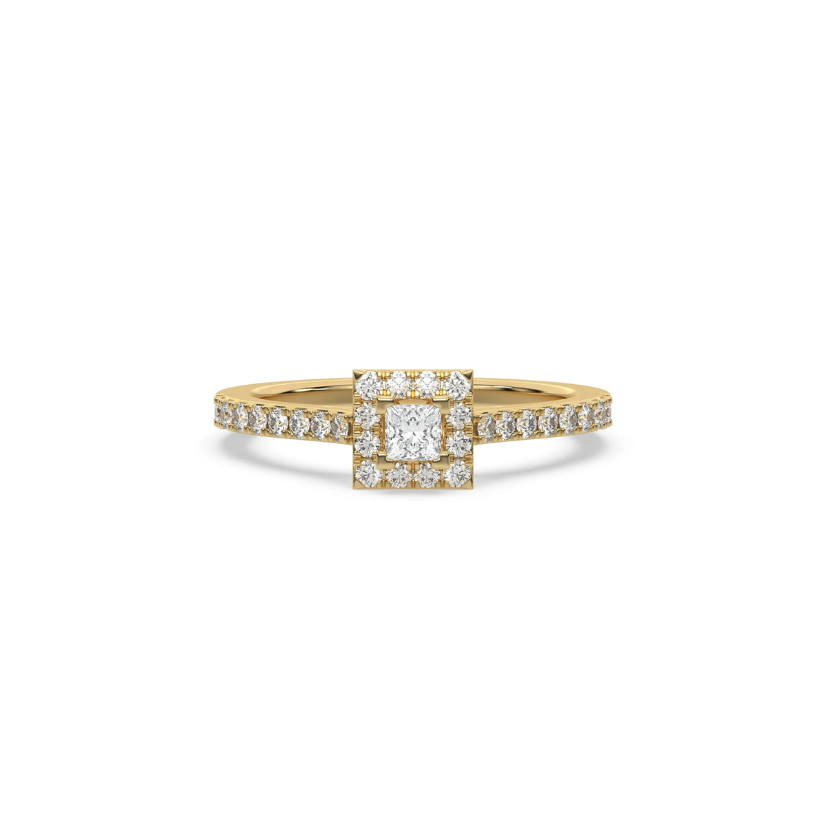 This yellow gold ring displayed in front view is made with a princess solitaire diamond set in four-prong setting