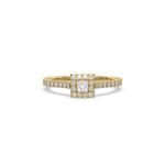 This yellow gold ring displayed in front view is made with a princess solitaire diamond set in four-prong setting