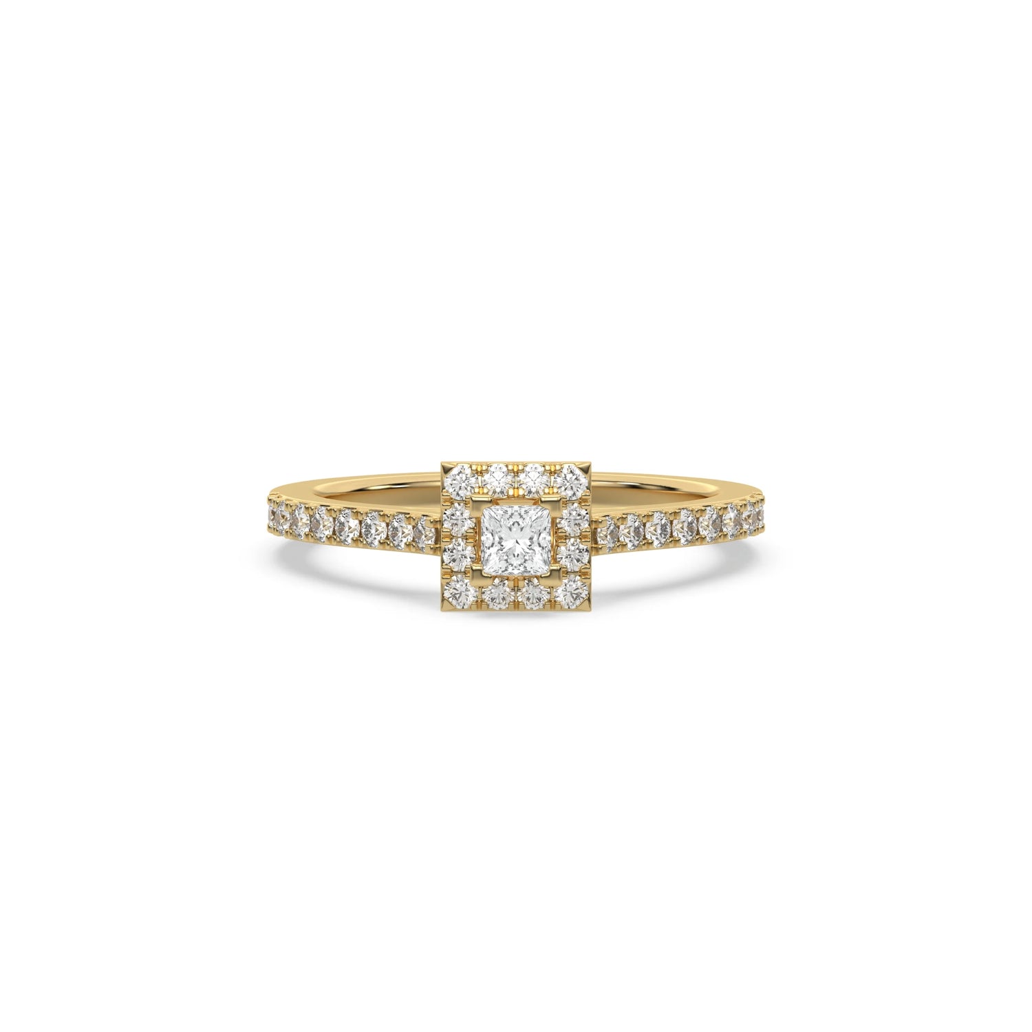 This yellow gold ring displayed in front view is made with a princess solitaire diamond set in four-prong setting