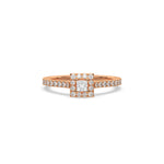 This rose gold ring displayed in front view is made with a princess solitaire diamond set in four-prong setting