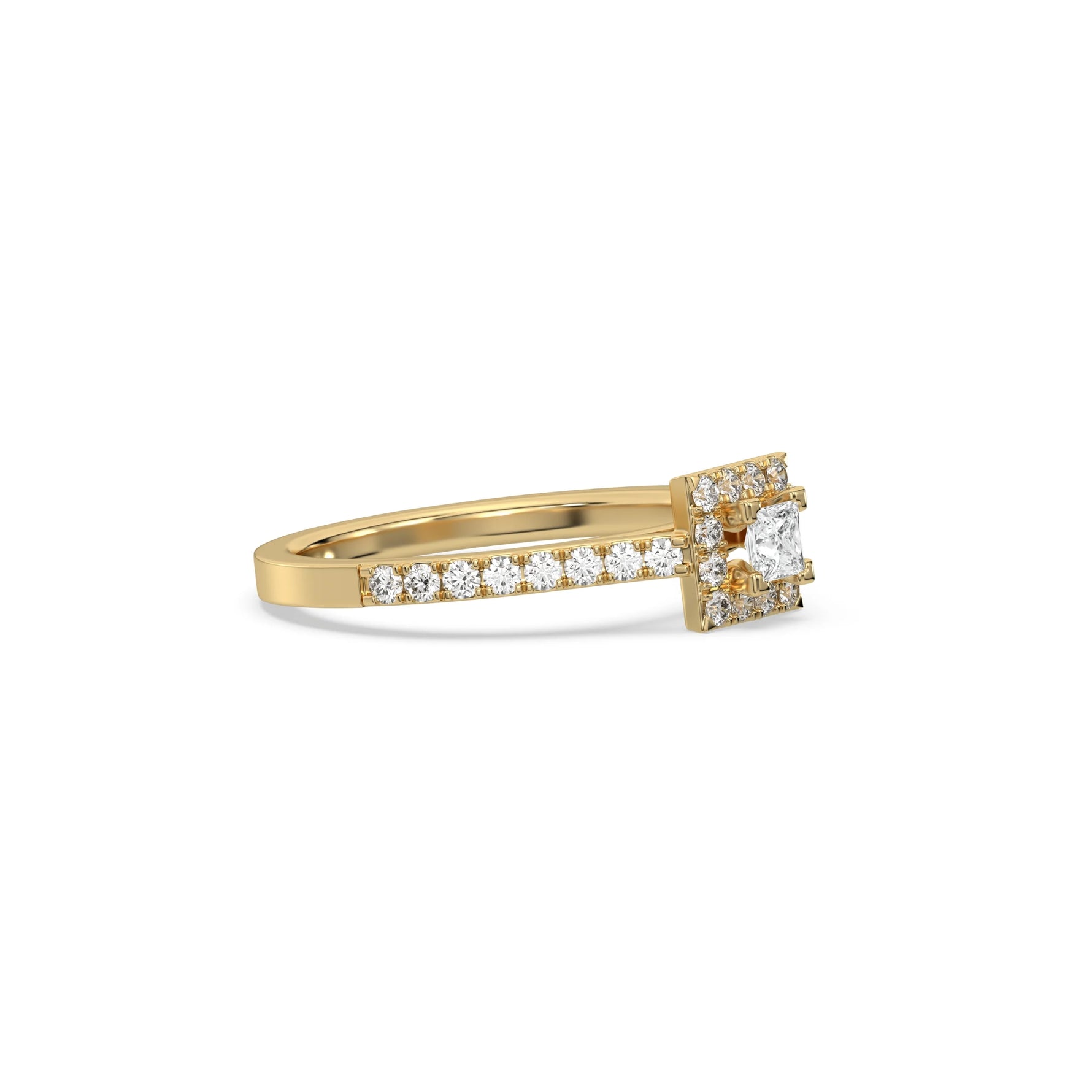 This yellow gold ring displayed in side view is made with a princess solitaire diamond set in four-prong setting