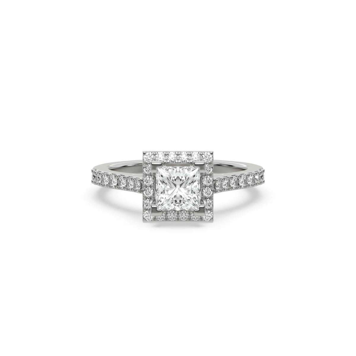 This white gold ring displayed in front view is made with a princess solitaire diamond set in four-prong setting