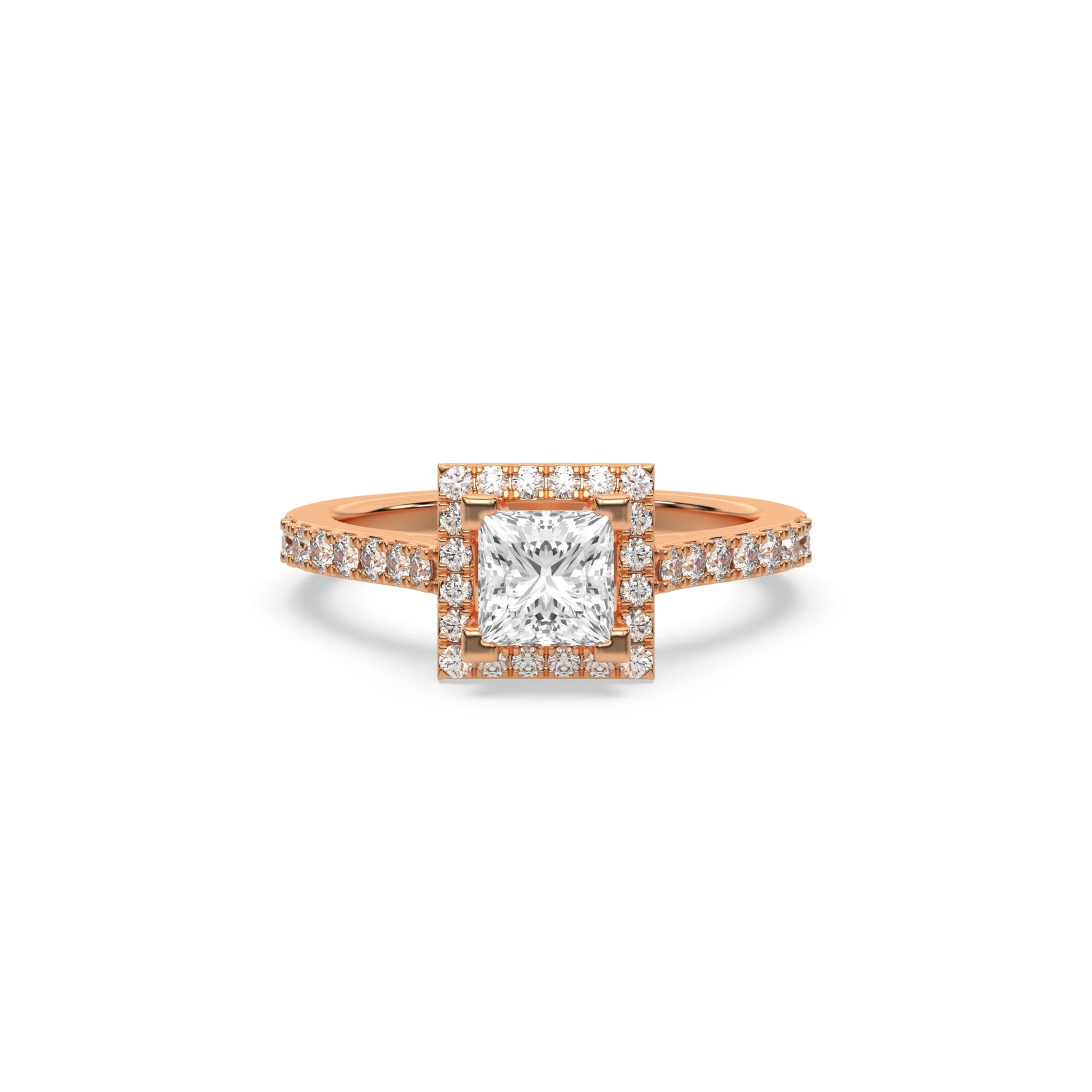 This rose gold ring displayed in front view is made with a princess solitaire diamond set in four-prong setting