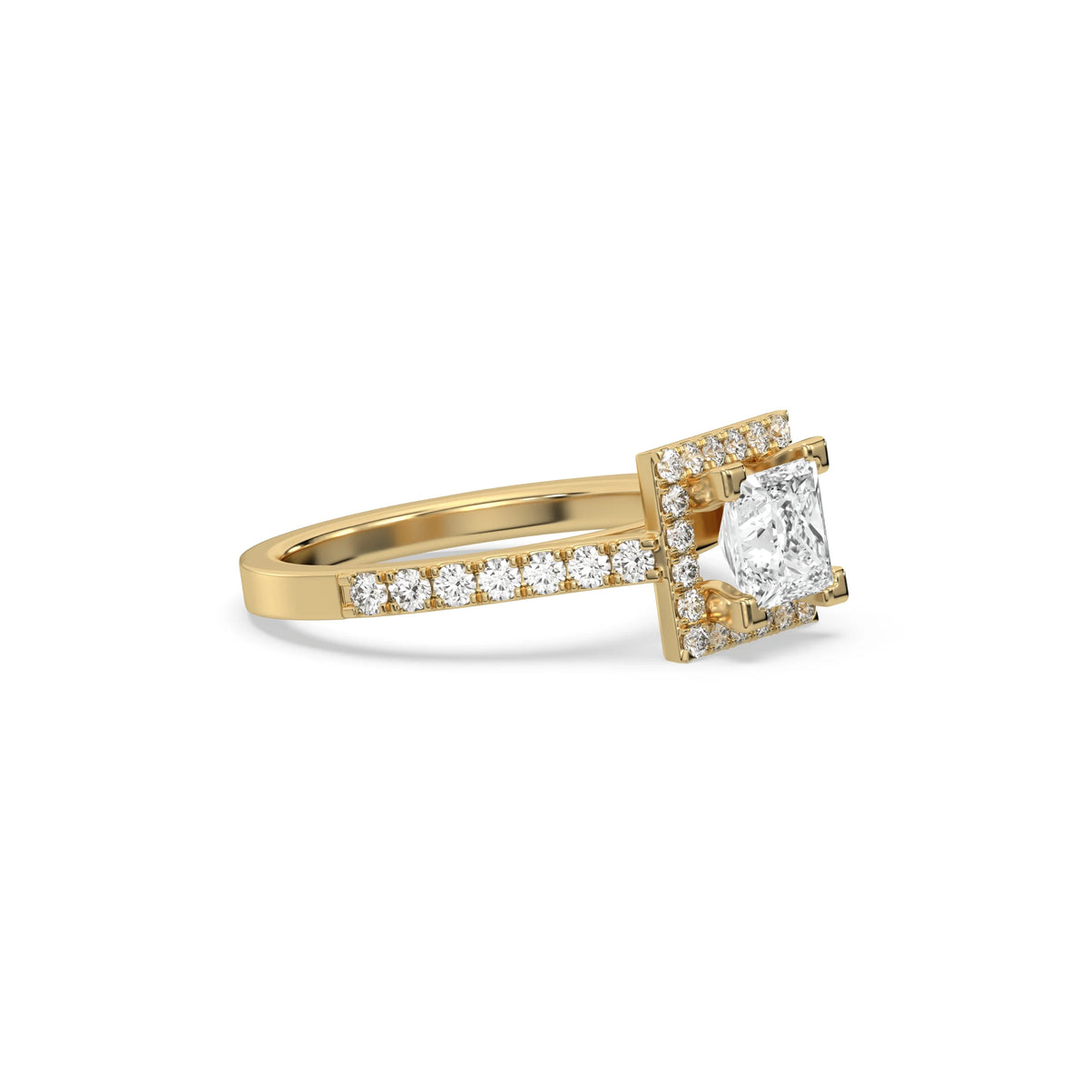 This yellow gold ring displayed in side view is made with a princess solitaire diamond set in four-prong setting