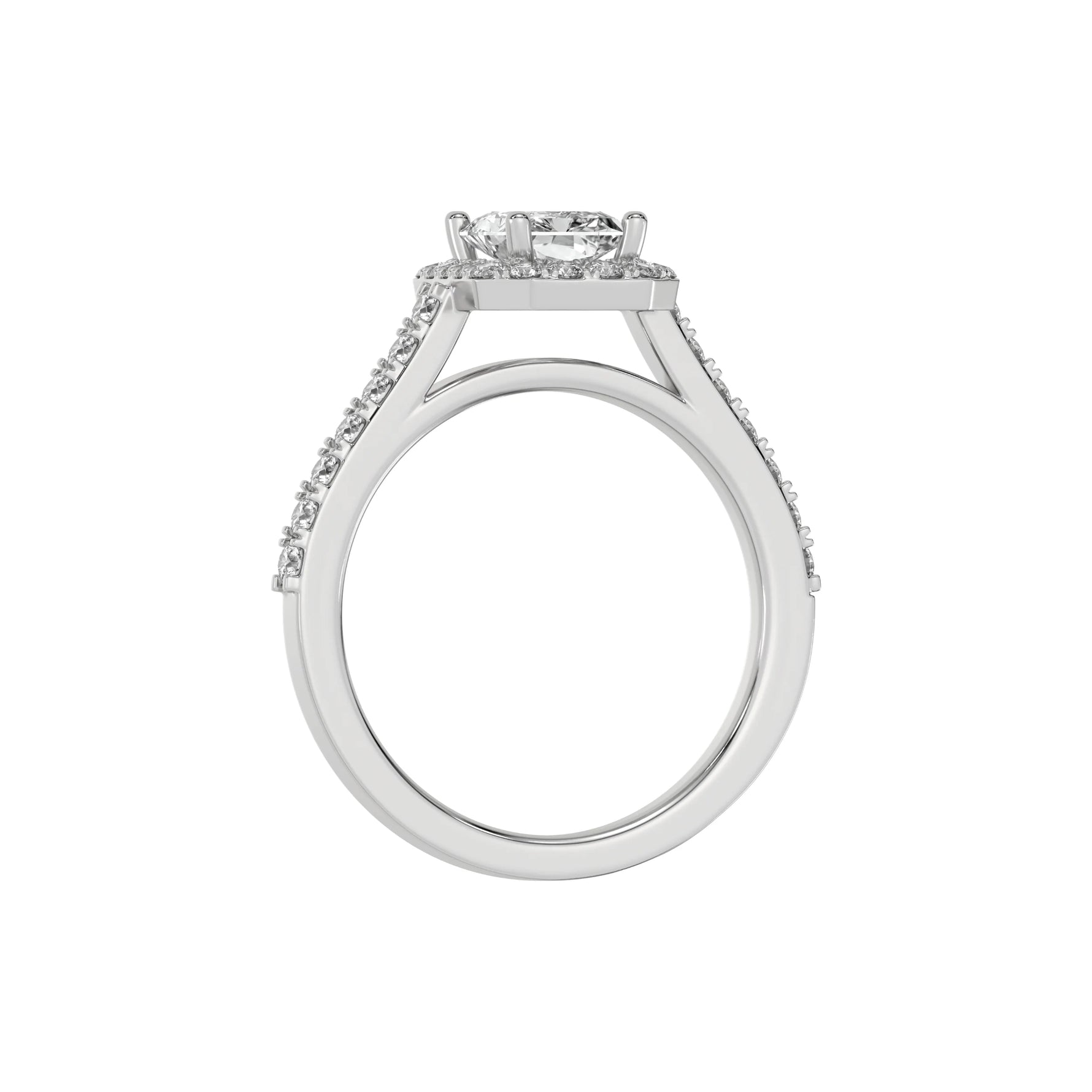 This white gold Radiant Diamond Halo Engagement Ring is made with a radiant solitaire diamond set in a four-prong setting, surrounded by a halo of round diamonds all set on a pave band in through finger view