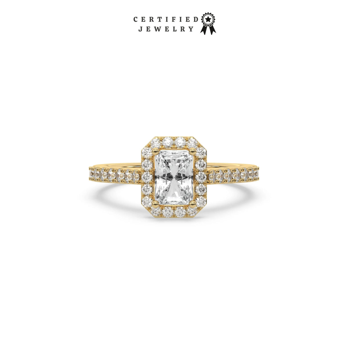 This yellow gold ring displayed in front view is made with a radiant solitaire diamond set in four-prong setting