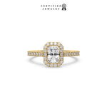 This yellow gold ring displayed in front view is made with a radiant solitaire diamond set in four-prong setting