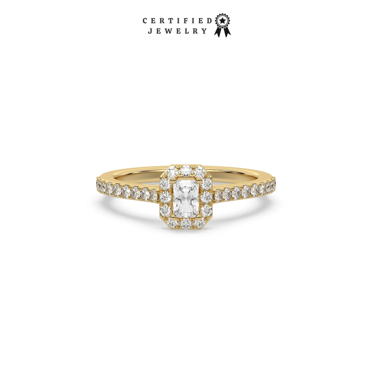 This yellow gold ring displayed in front view is made with a radiant solitaire diamond set in four-prong setting