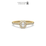 This yellow gold ring displayed in front view is made with a radiant solitaire diamond set in four-prong setting