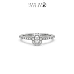 This white gold ring displayed in front view is made with a radiant solitaire diamond set in four-prong setting