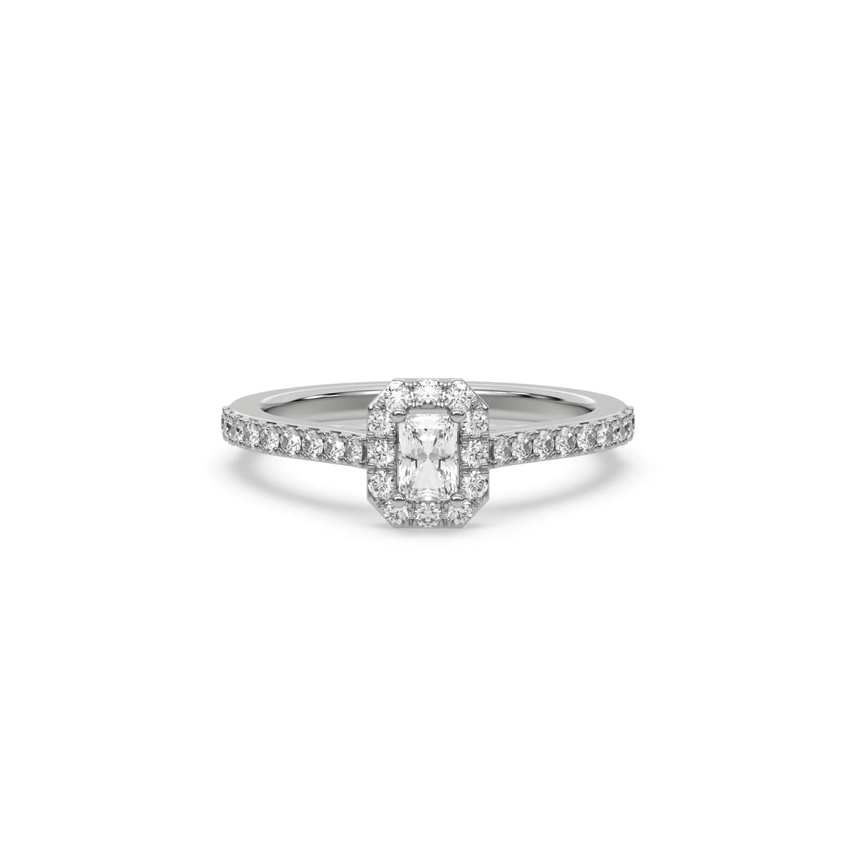 This white gold ring displayed in front view is made with a radiant solitaire diamond set in four-prong setting