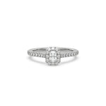 This white gold ring displayed in front view is made with a radiant solitaire diamond set in four-prong setting