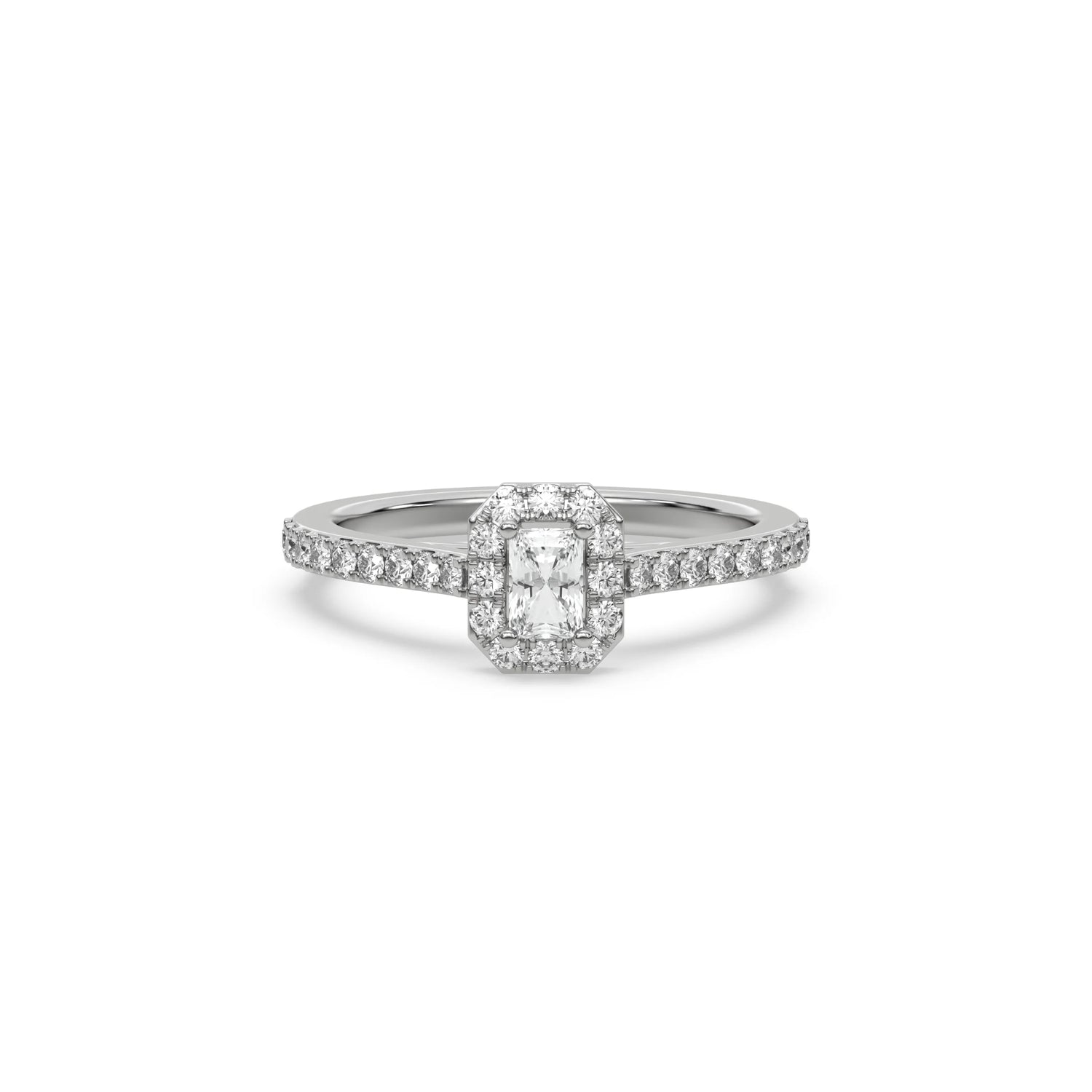 This white gold ring displayed in front view is made with a radiant solitaire diamond set in four-prong setting