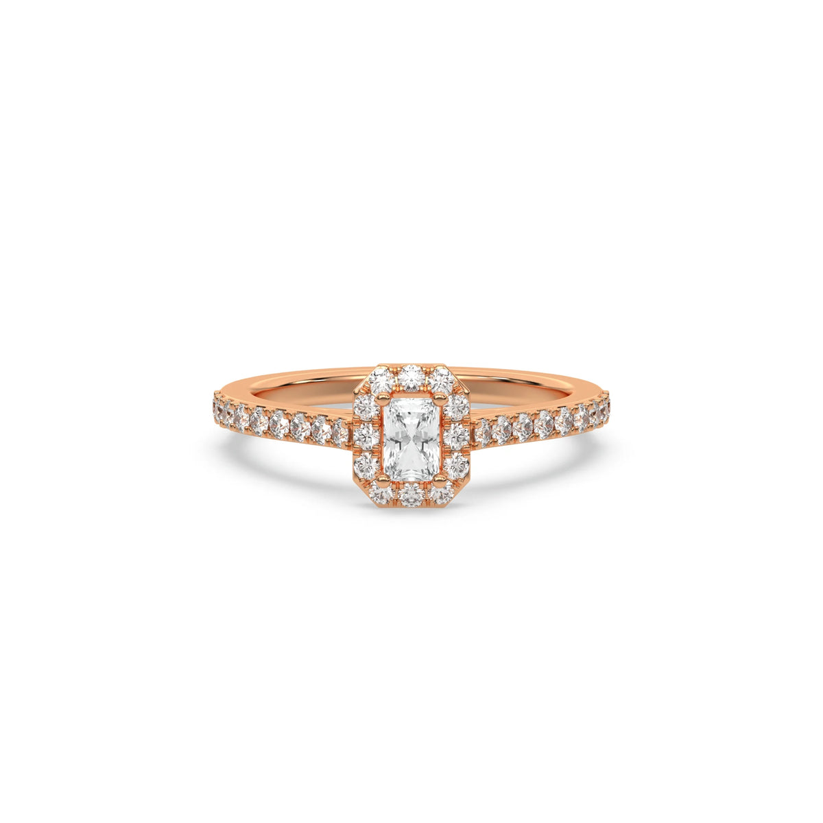 This rose gold ring displayed in front view is made with a radiant solitaire diamond set in four-prong setting