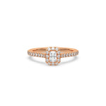 This rose gold ring displayed in front view is made with a radiant solitaire diamond set in four-prong setting