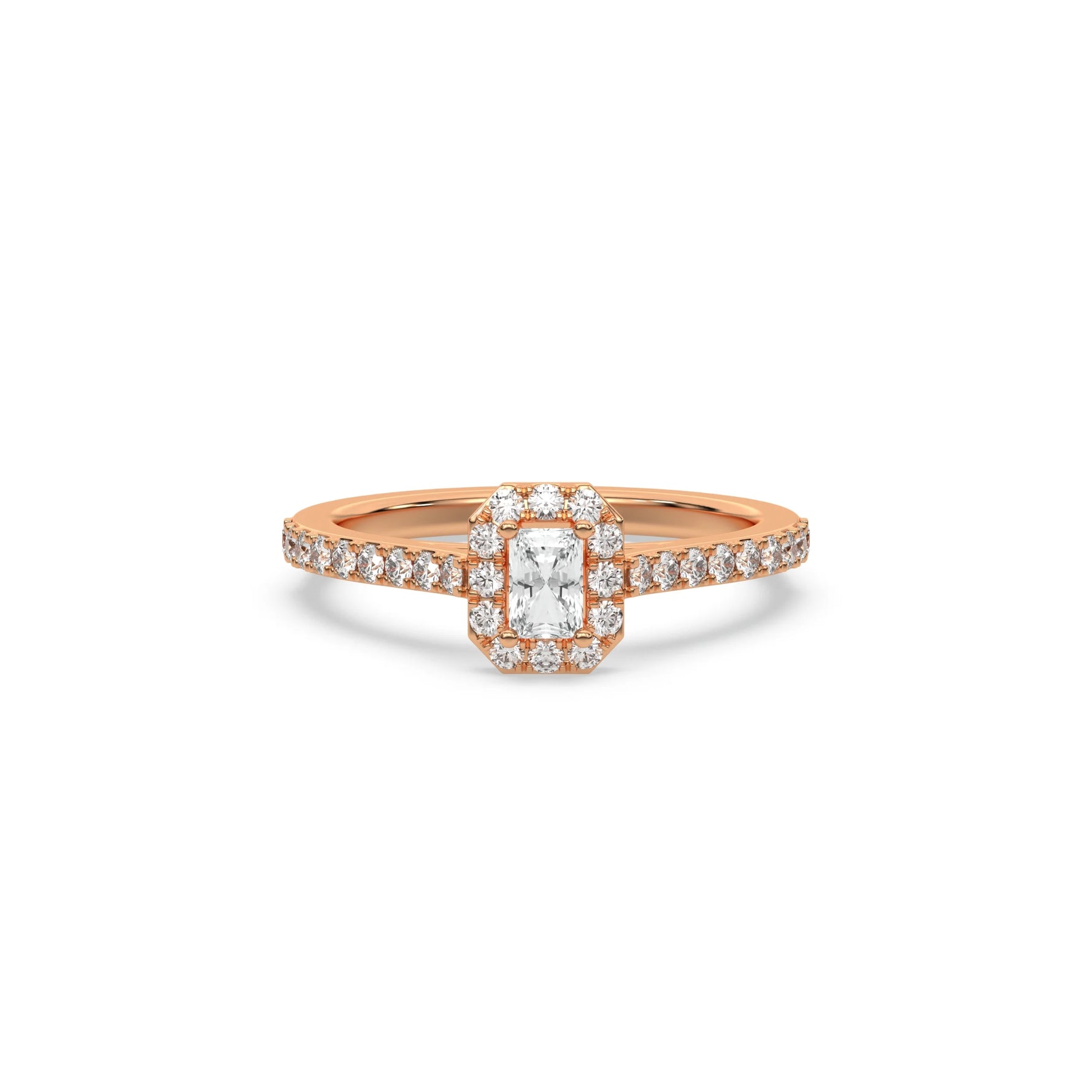 This rose gold ring displayed in front view is made with a radiant solitaire diamond set in four-prong setting