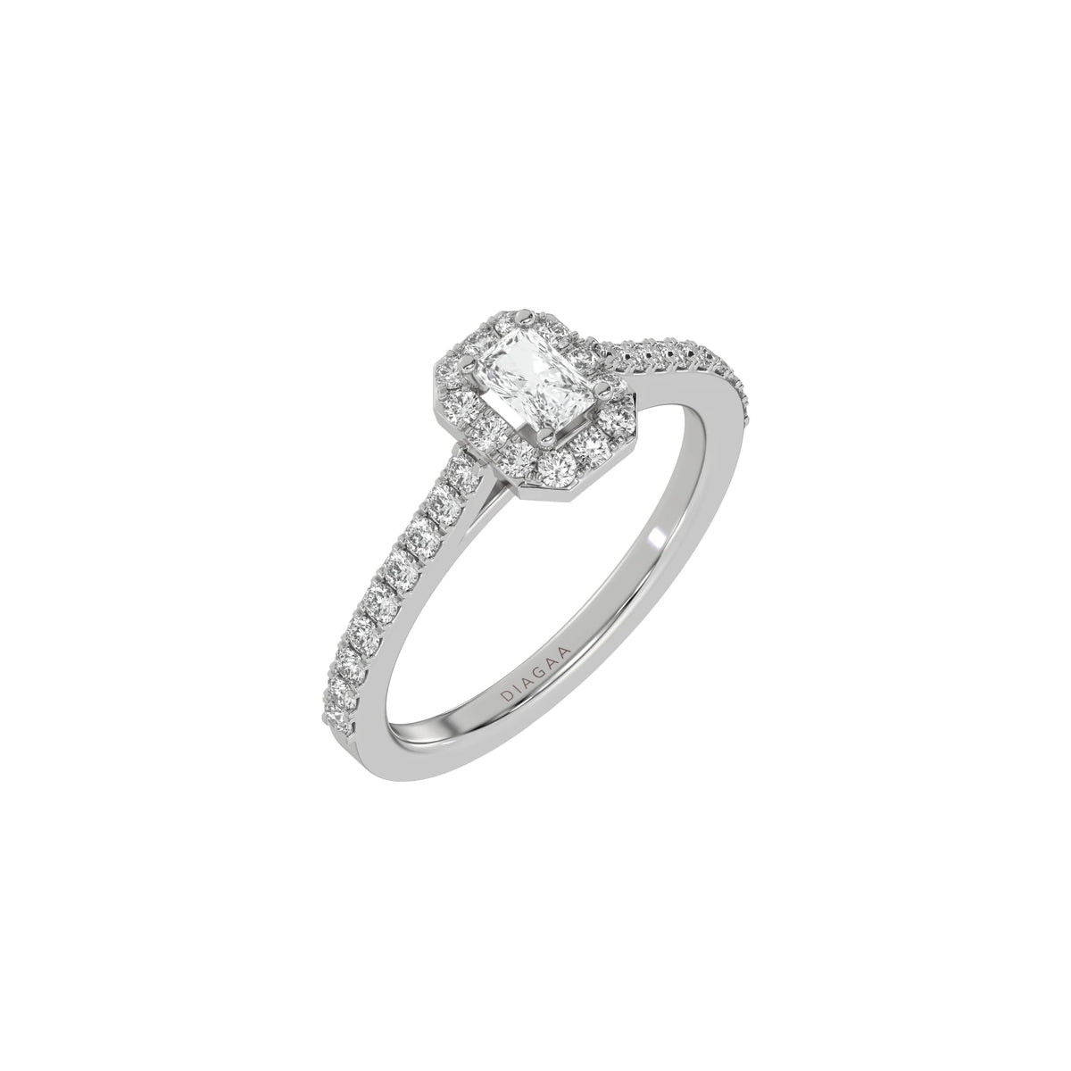 This white gold Radiant Diamond Halo Engagement Ring is made with a radiant solitaire diamond set in a four-prong setting, surrounded by a halo of round diamonds all set on a pave band in 3D view