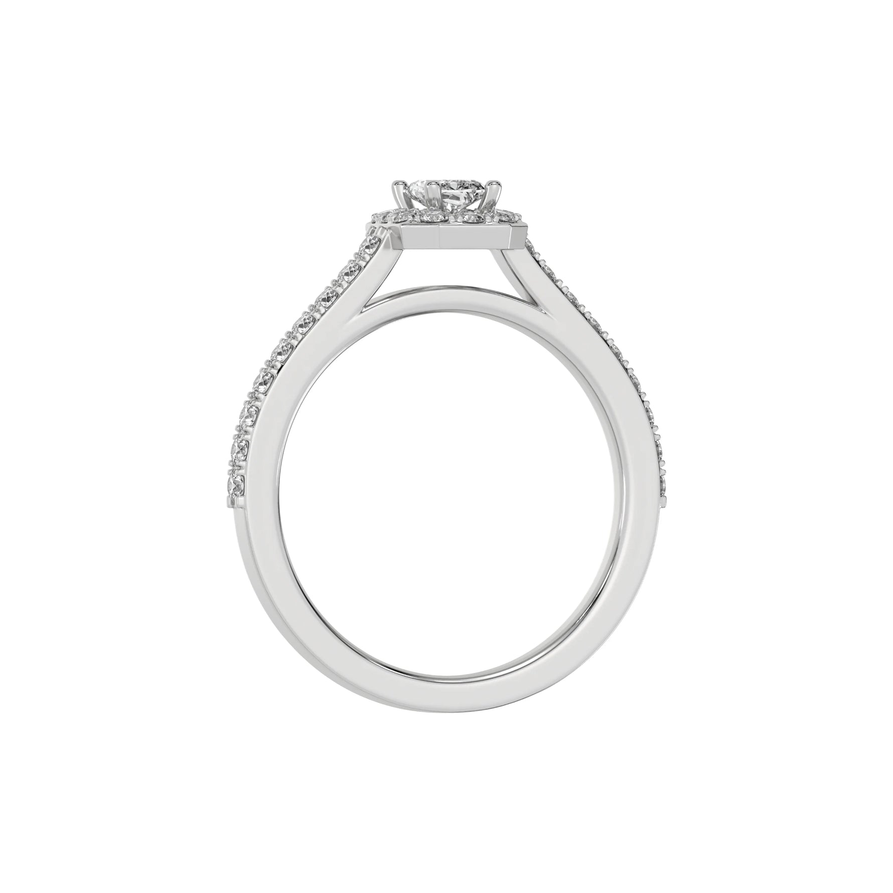 This white gold Radiant Diamond Halo Engagement Ring is made with a radiant solitaire diamond set in a four-prong setting, surrounded by a halo of round diamonds all set on a pave band in through finger view