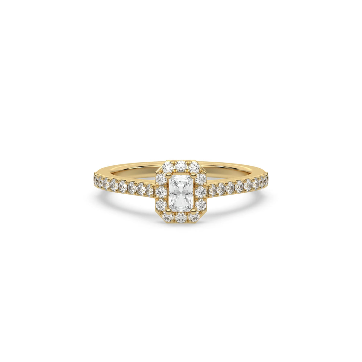 This yellow gold ring displayed in front view is made with a radiant solitaire diamond set in four-prong setting