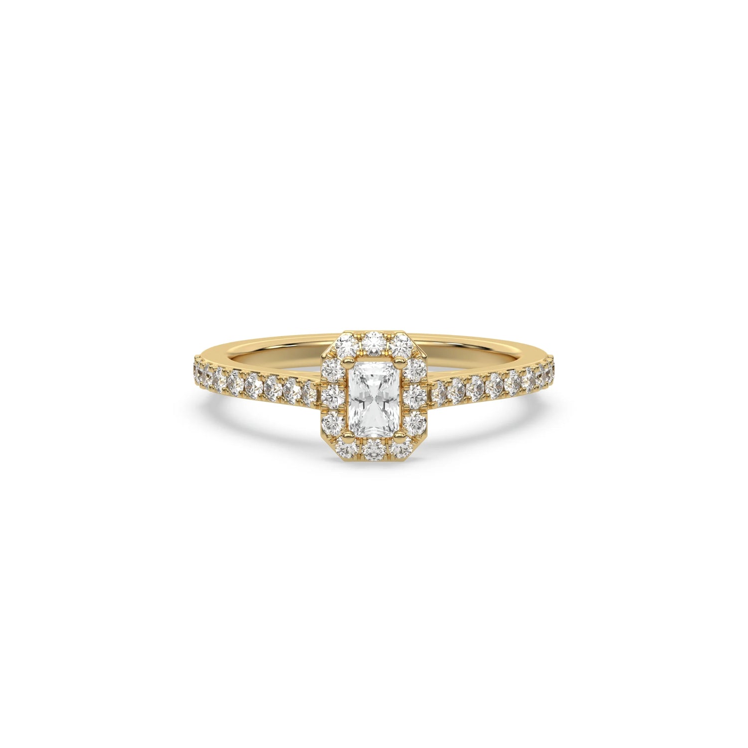 This yellow gold ring displayed in front view is made with a radiant solitaire diamond set in four-prong setting