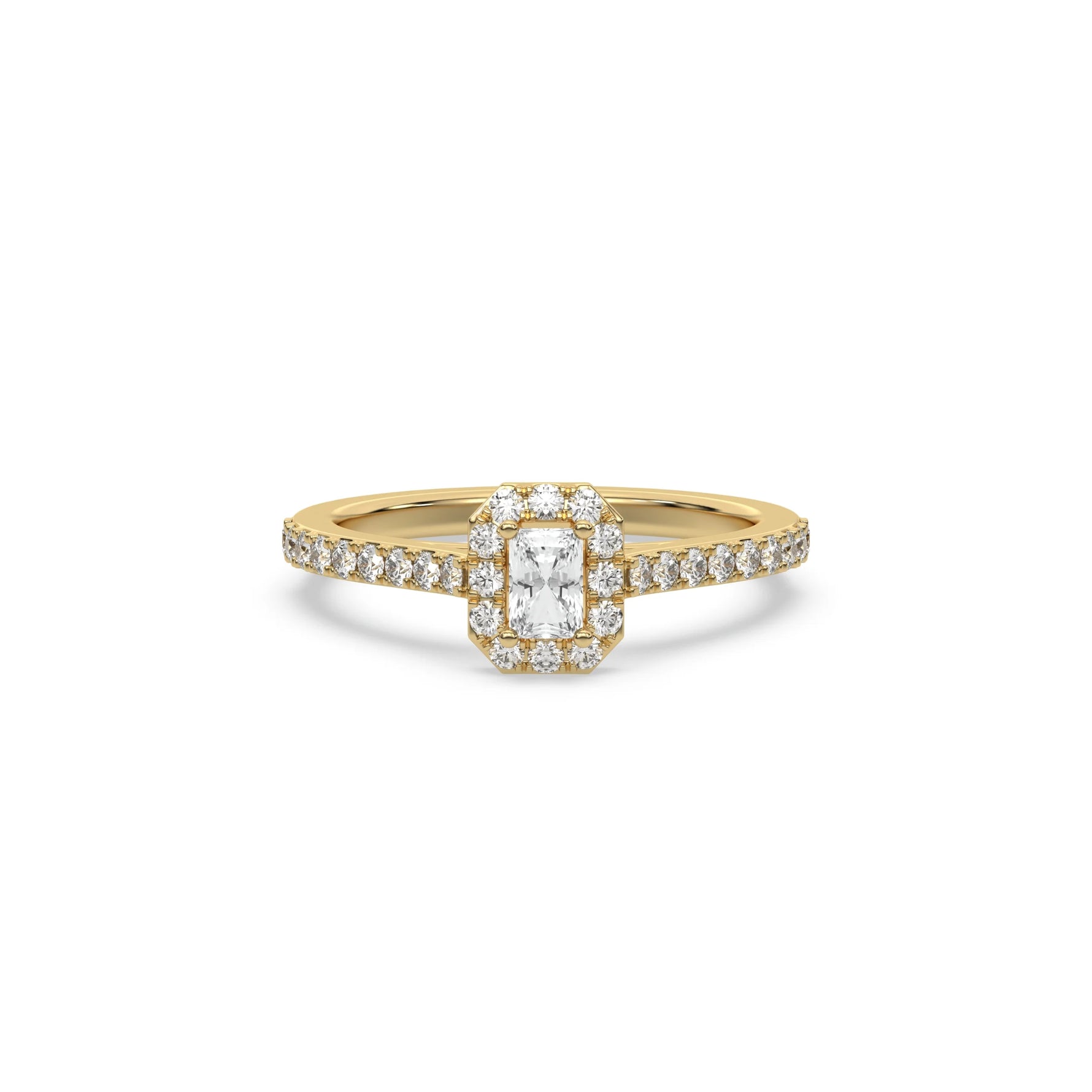 This yellow gold ring displayed in front view is made with a radiant solitaire diamond set in four-prong setting