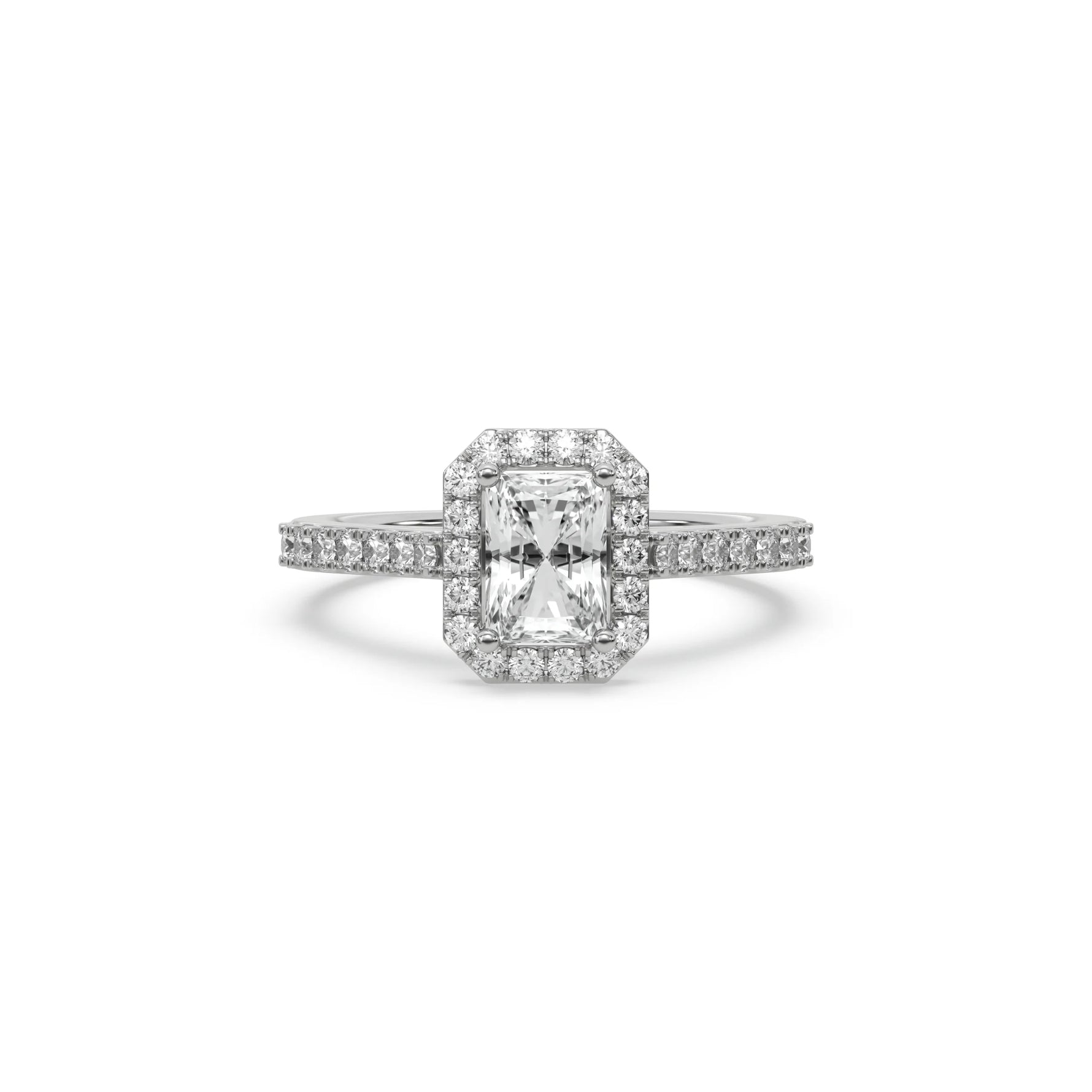 This white gold ring displayed in front view is made with a radiant solitaire diamond set in four-prong setting