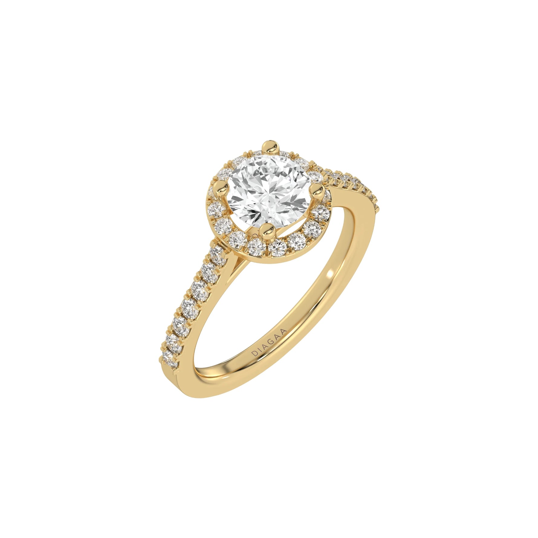 This yellow gold Round Diamond Halo Engagement Ring is made with a round solitaire diamond set in a four-prong setting, surrounded by a halo of round diamonds all set on a pave band in 3D view