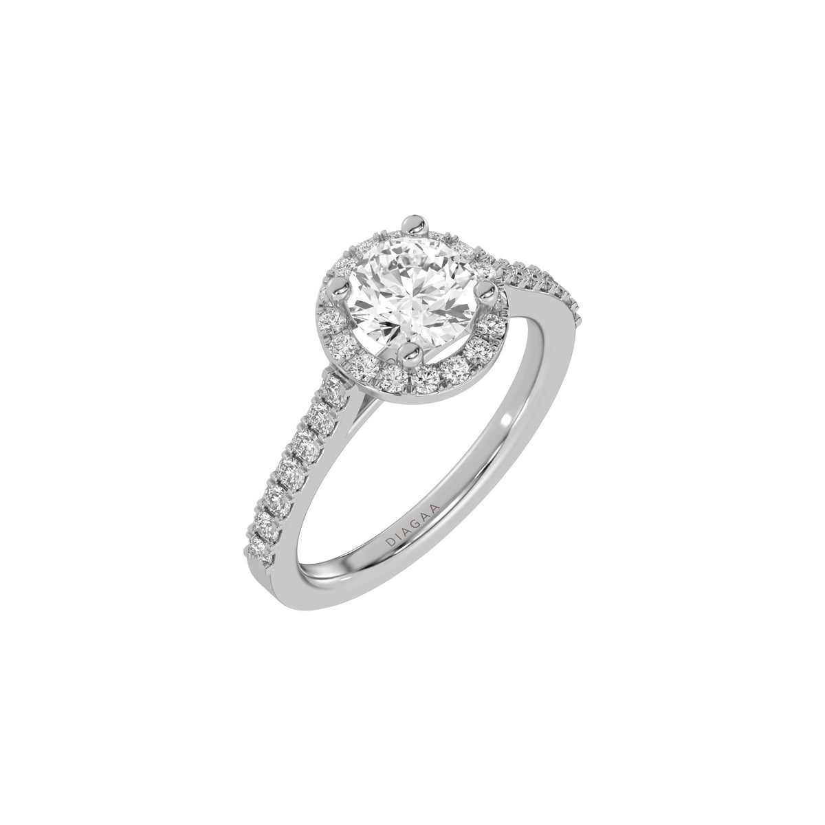 This white gold Round Diamond Halo Engagement Ring is made with a round solitaire diamond set in a four-prong setting, surrounded by a halo of round diamonds all set on a pave band in 3D view