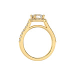 This yellow gold Round Diamond Halo Engagement Ring is made with a round solitaire diamond set in a four-prong setting, surrounded by a halo of round diamonds all set on a pave band in through finger view