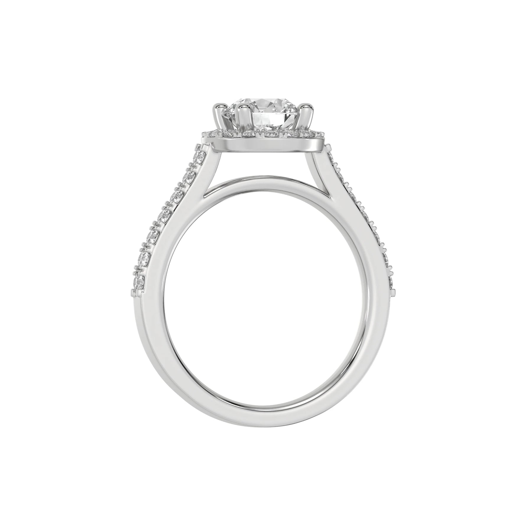 This white gold Round Diamond Halo Engagement Ring is made with a round solitaire diamond set in a four-prong setting, surrounded by a halo of round diamonds all set on a pave band in through finger view