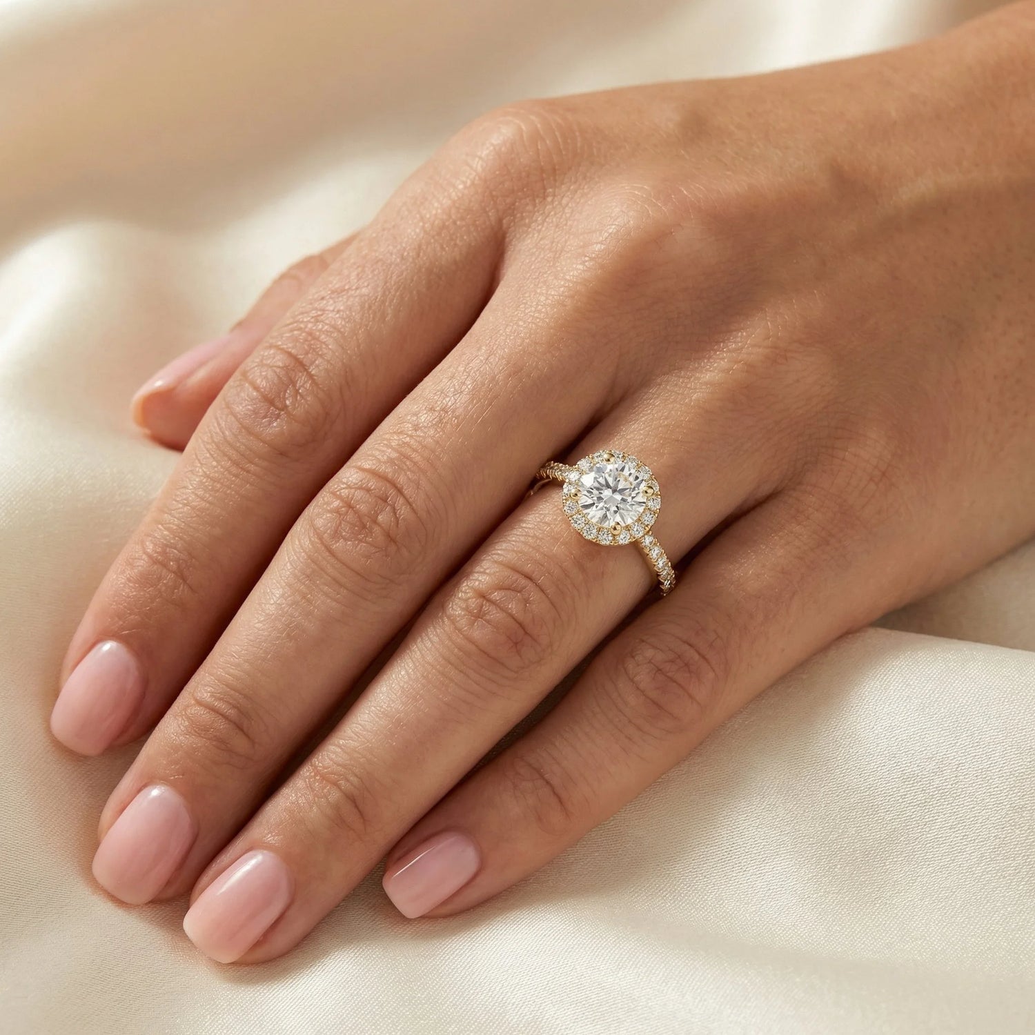 1 CT Natural Diamond Round Halo Pave Engagement Ring
